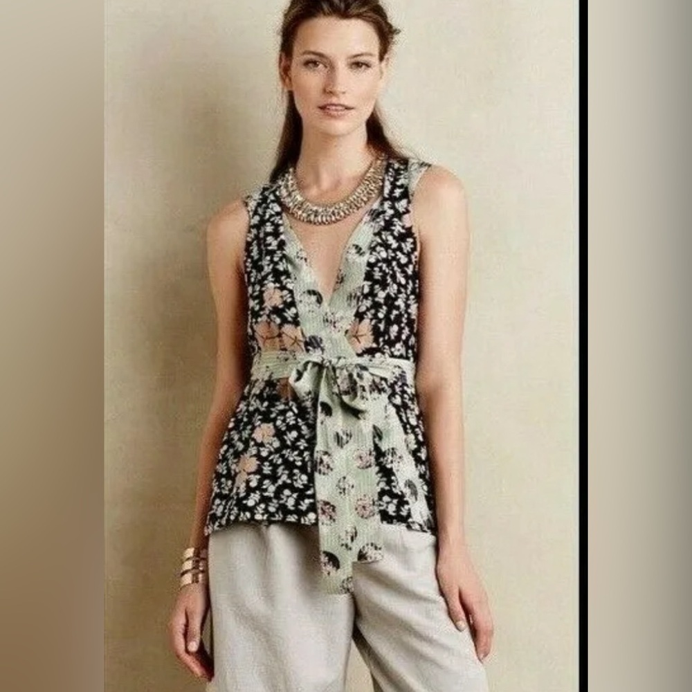 HD in Paris for Anthropologie Boho 100% Silk Starflower Wrap Sleeveless Top 2